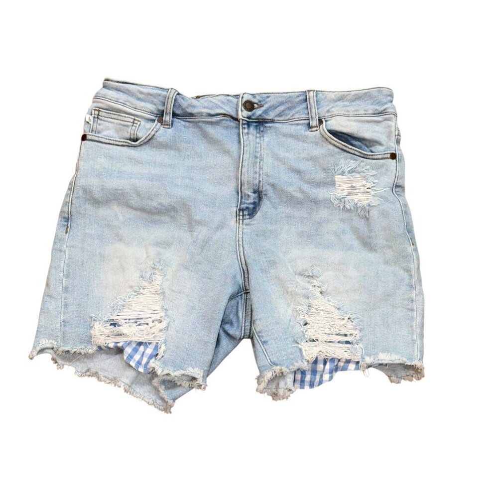 Judy Blue Gingham Blue Patch Denim Jean Shorts Cut Off Size 1X Summer Distressed
